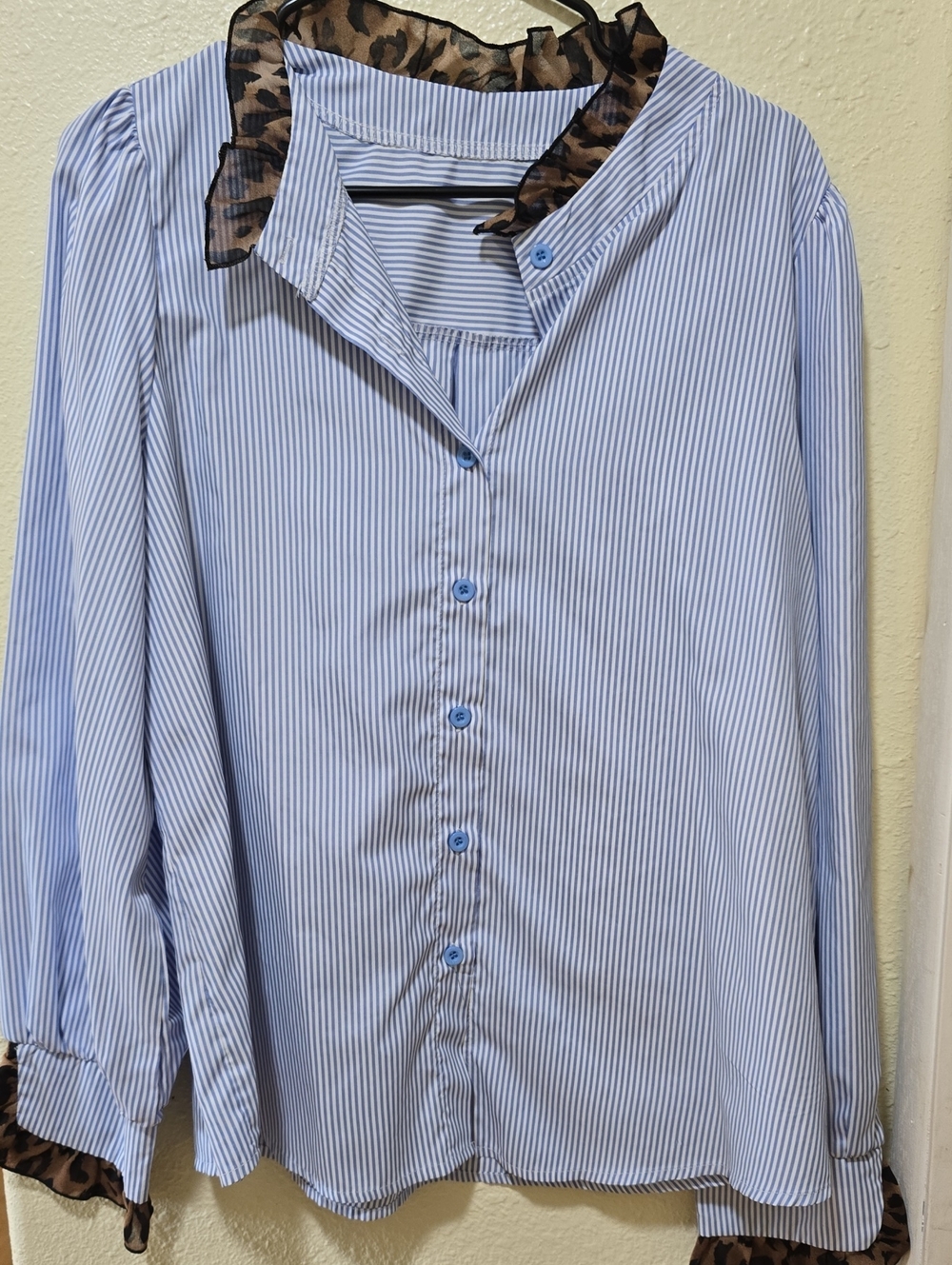 Light Blue Stripe Long-Sleeve With Leopard Women's Shirt